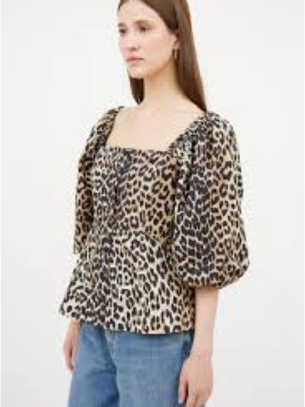 Ganni‎ Leopard-Print Square Neck Puff Sleeve Top Tan Black Size 36 US 4 NWT